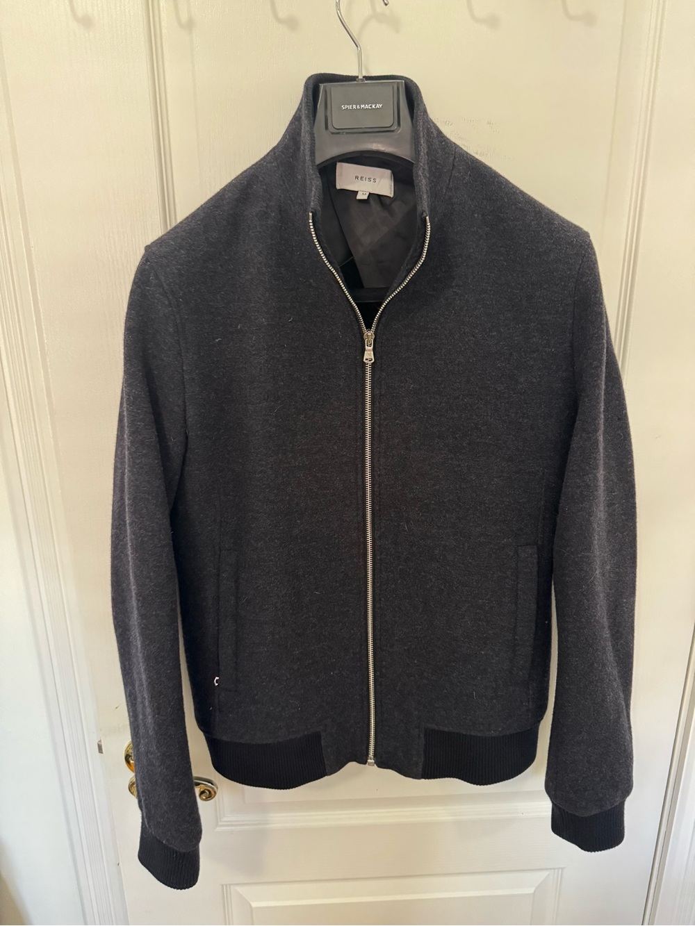 Reiss Indigo Ribbed Hem Zip Up Wool Jacket